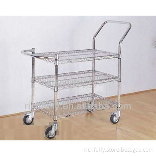 RFY-HW13:Single Hand-bar Wire Shelf Cart Trolley with 3 tiers wire